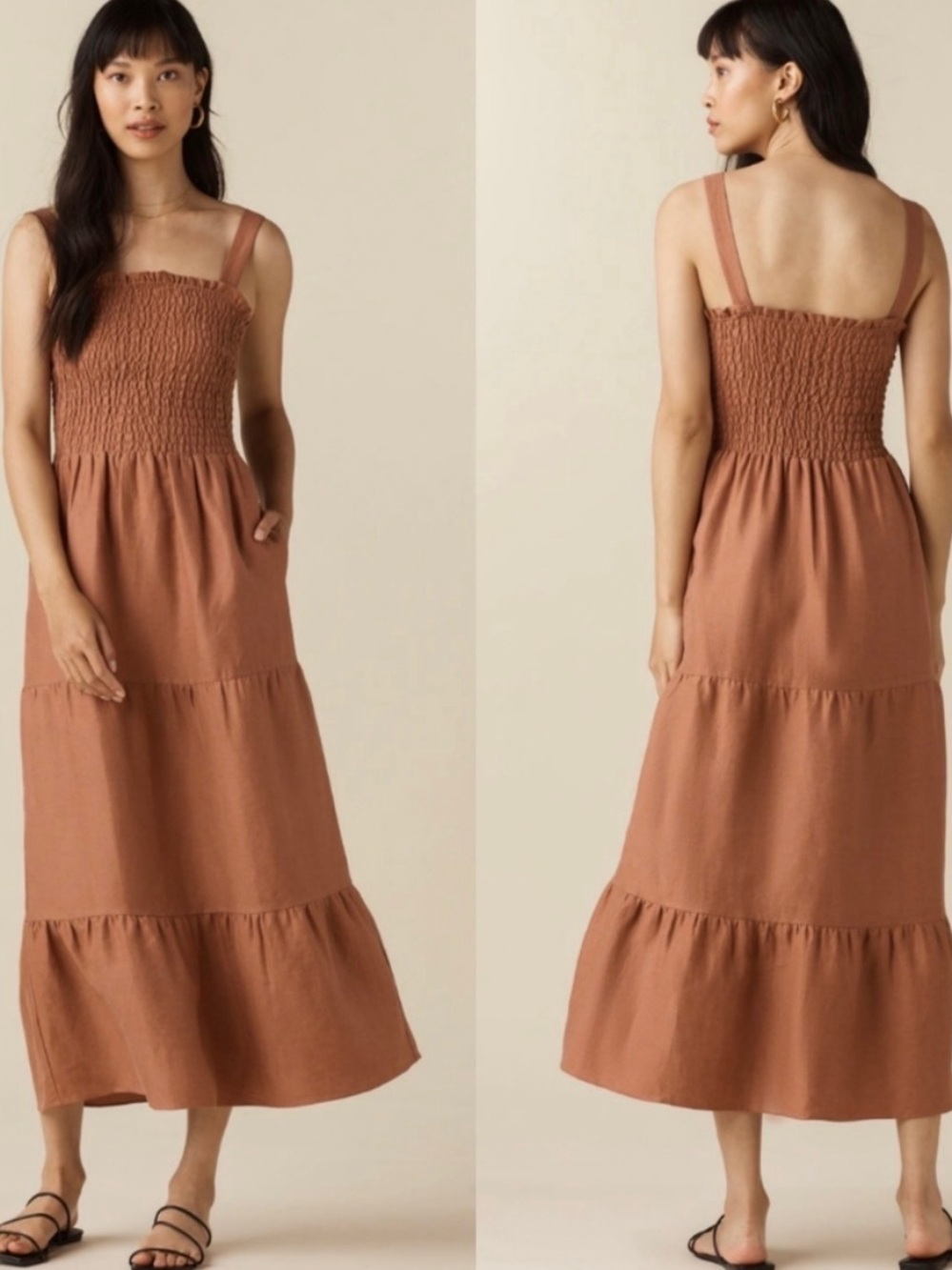 VETTA Smocked Strap Tiered Maxi Dress - Rust- Small